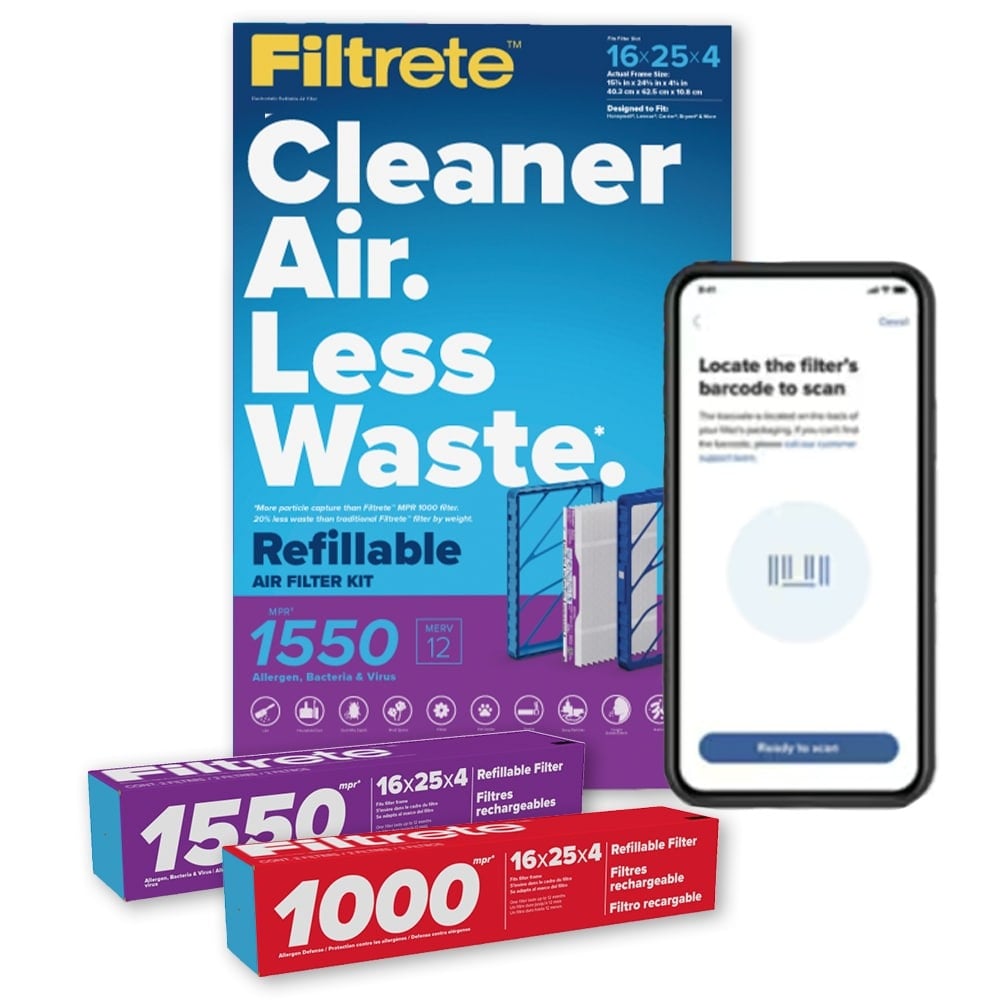 Filtrete air filter packaging labeled “Cleaner Air. Less Waste.” alongside 1550 and 1000 filter refill boxes, with a smartphone screen showing instructions.
