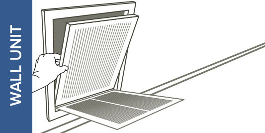 An illustration of hands placing an air filter into its slot in a wall unit.
