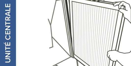 Une illustration d’une main poussant un filtre de générateur d’air chaud dans une fente d’une unité centrale.
