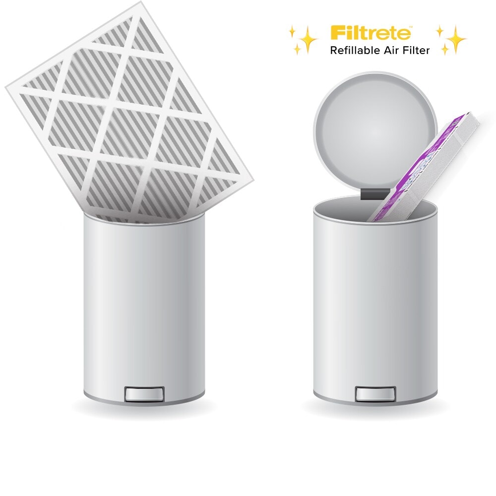 A used air filter being removed from a cylindrical container with a foot pedal, and the second shows a new filter insert being placed inside the open container.
