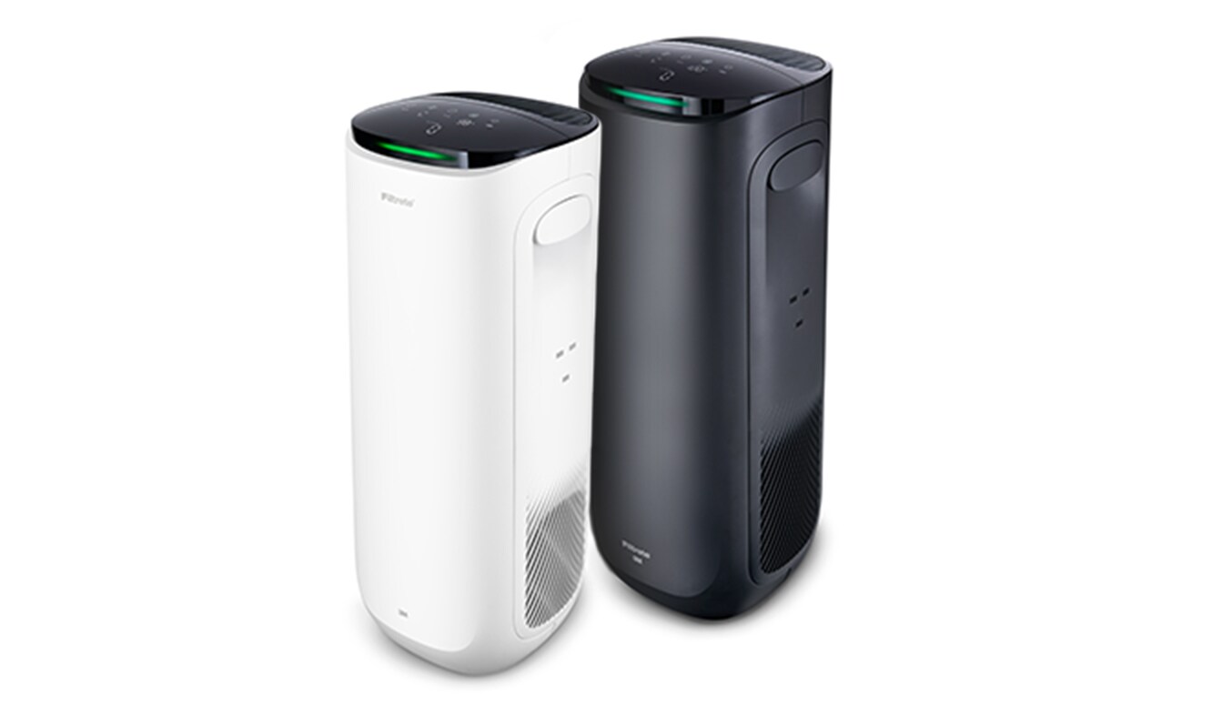 Black and white large room Filtrete™ Smart Air Purifiers side by side.
