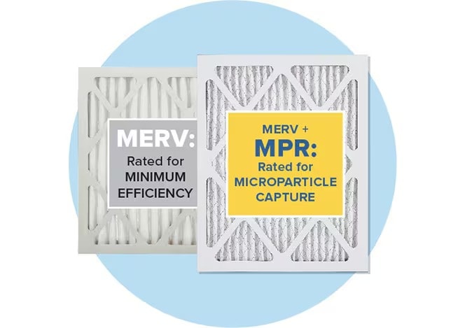 Two air filters displayed side by side, one labeled “MERV: Rated for Minimum Efficiency” and the other labeled “MERV + MPR: Rated for Microparticle Capture.”
