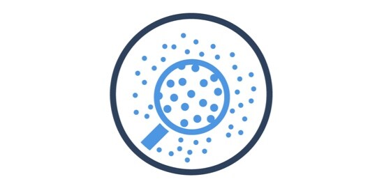 Une icône d’une loupe et de douzaines de petites particules.
