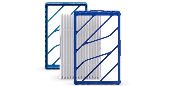 Three blue-framed pleated air filters of varying depths stand upright.
